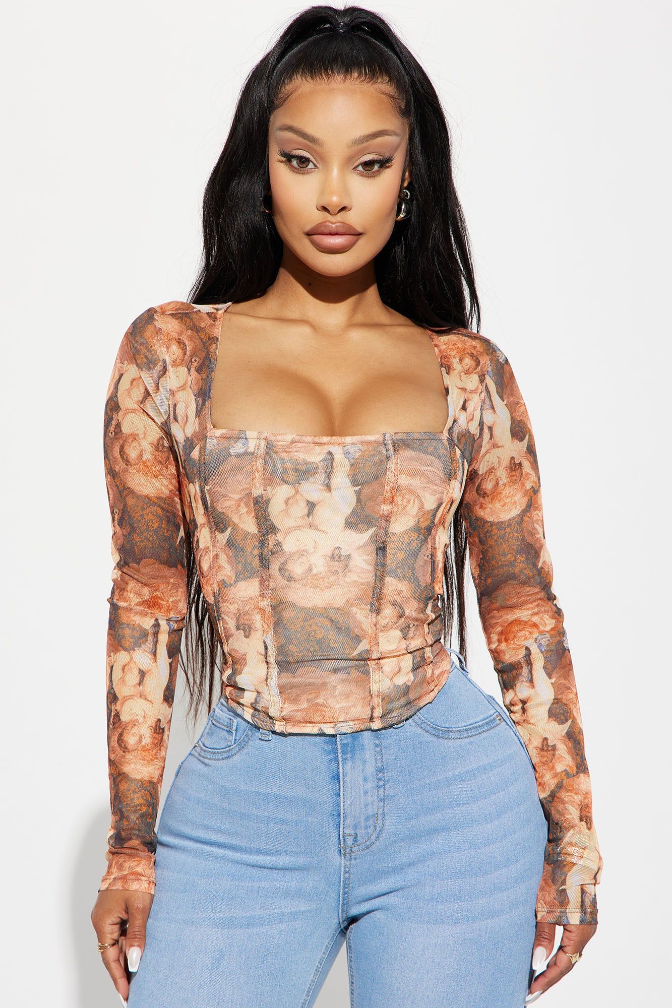Odette Mesh Top - Taupe/combo sold by Fashion Nova
