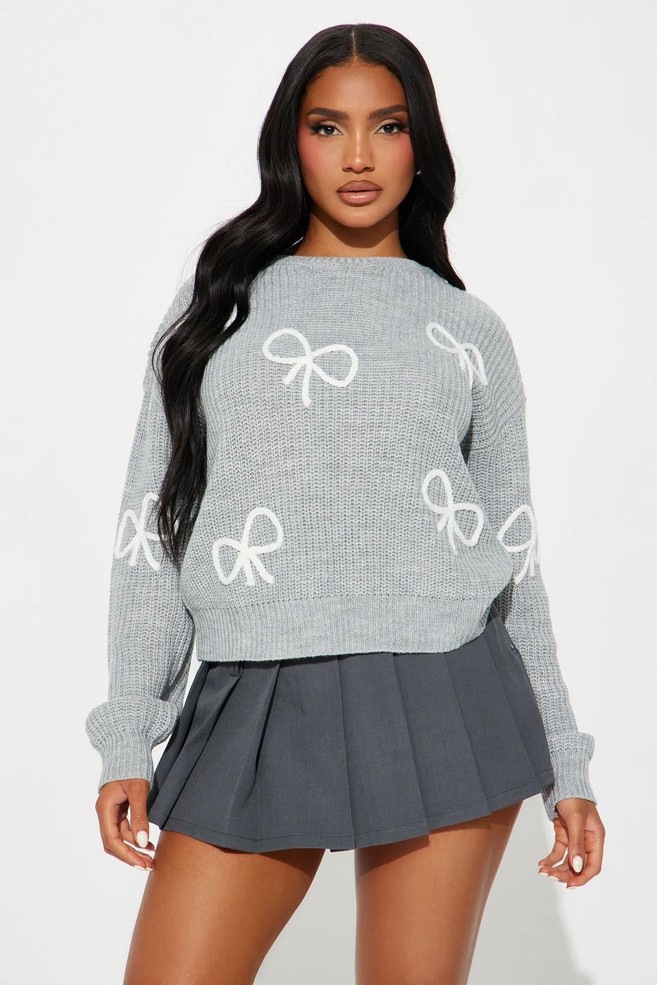 Bows Bows Bows Sweater - Grey/combo sold by Fashion Nova