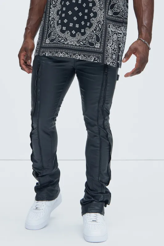 Way Up Zipper Waxed Stacked Skinny Flare Pants - Black sold by Fashion Nova