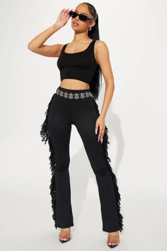 Shake It Fringe Flare Pant - Black sold by Fashion Nova