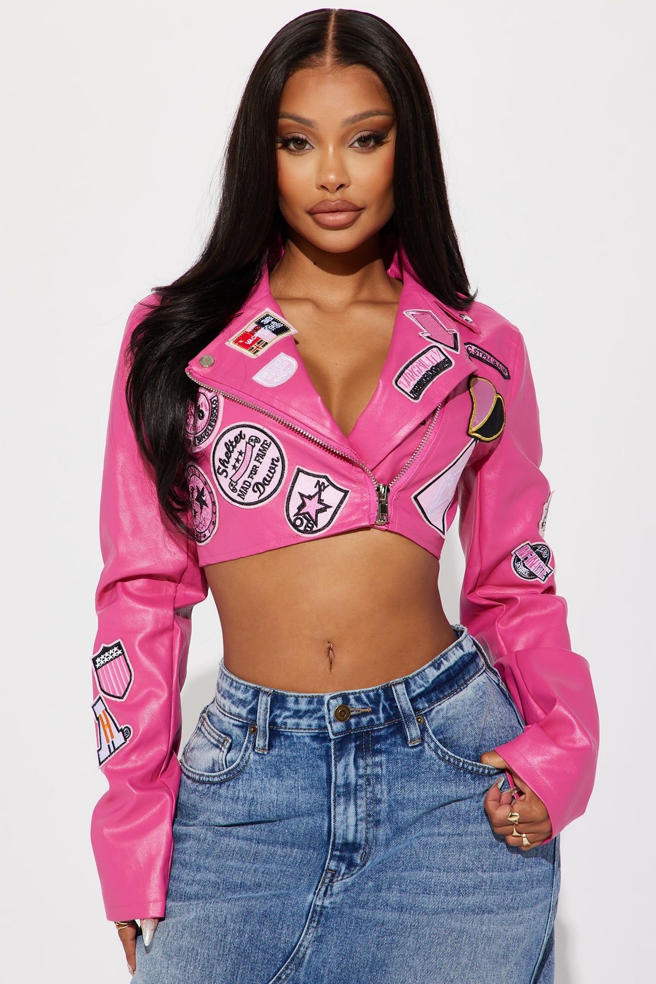 Tia Cropped Faux Leather Moto Jacket - Pink sold by Fashion Nova
