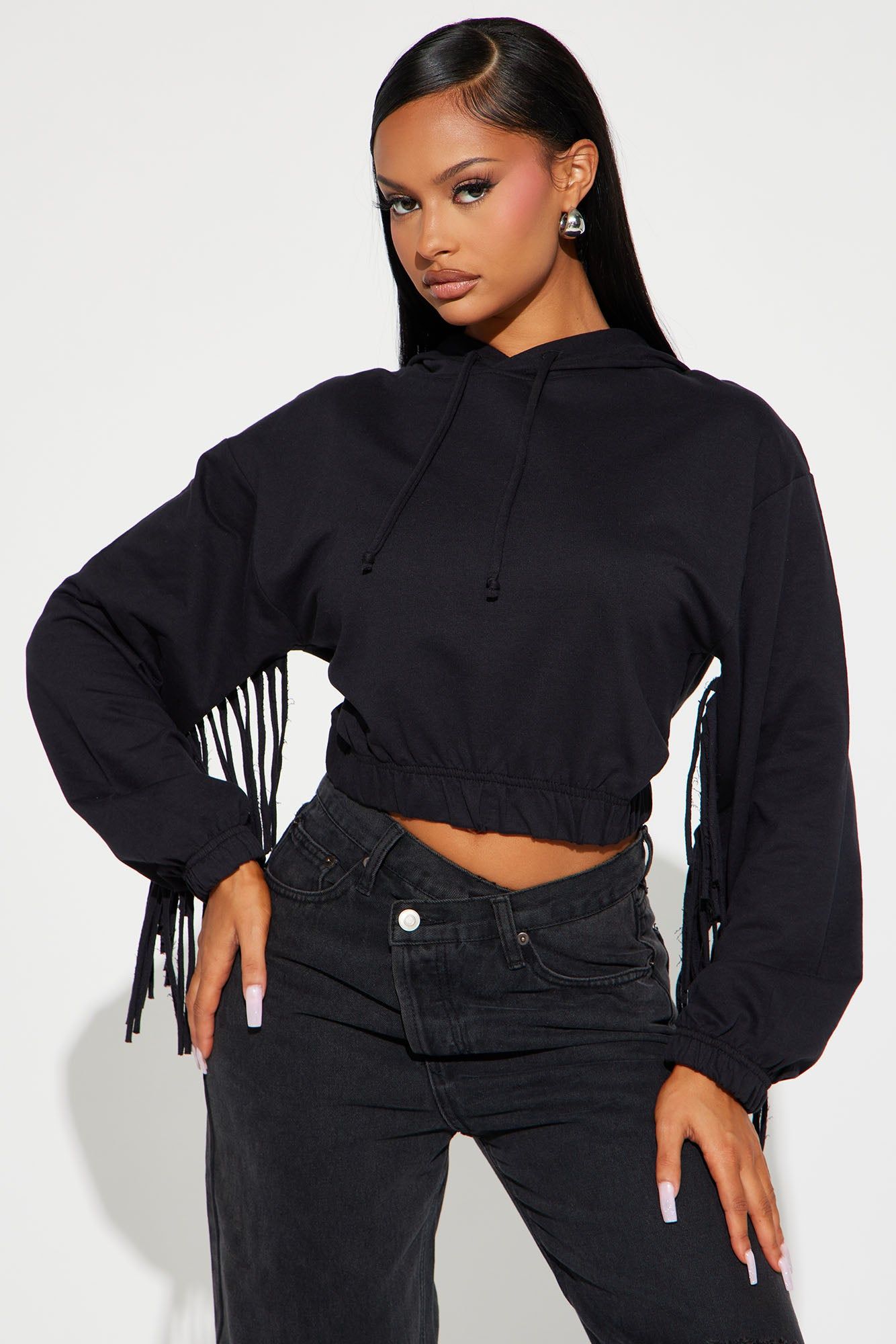 Addison Fringe French Terry Lounge Hoodie - Black sold by Fashion Nova