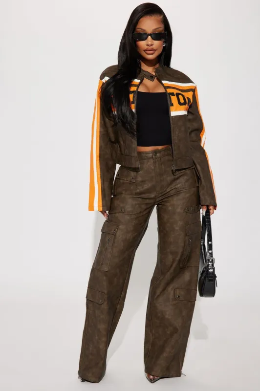 Moto Night Faux Leather Pant Set - Brown sold by Fashion Nova