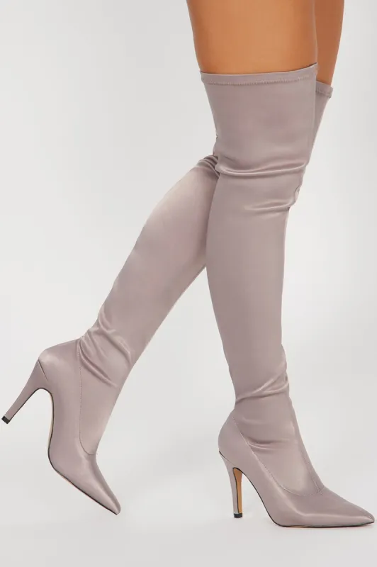 Always Your Babe Over The Knee Heeled Boots - Grey sold by Fashion Nova