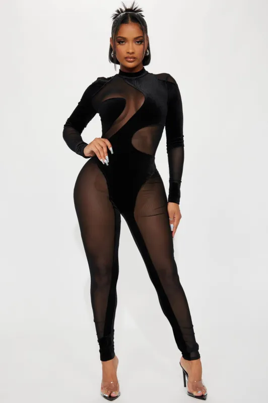 Ever Since Then Velvet Jumpsuit  - Black sold by Fashion Nova