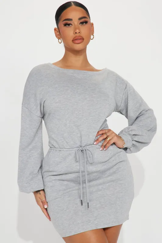 Just Chillin French Terry Mini Dress - Heather Grey sold by Fashion Nova