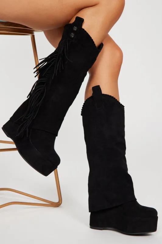 Boho Babe Knee High Heeled Boots - Black sold by Fashion Nova
