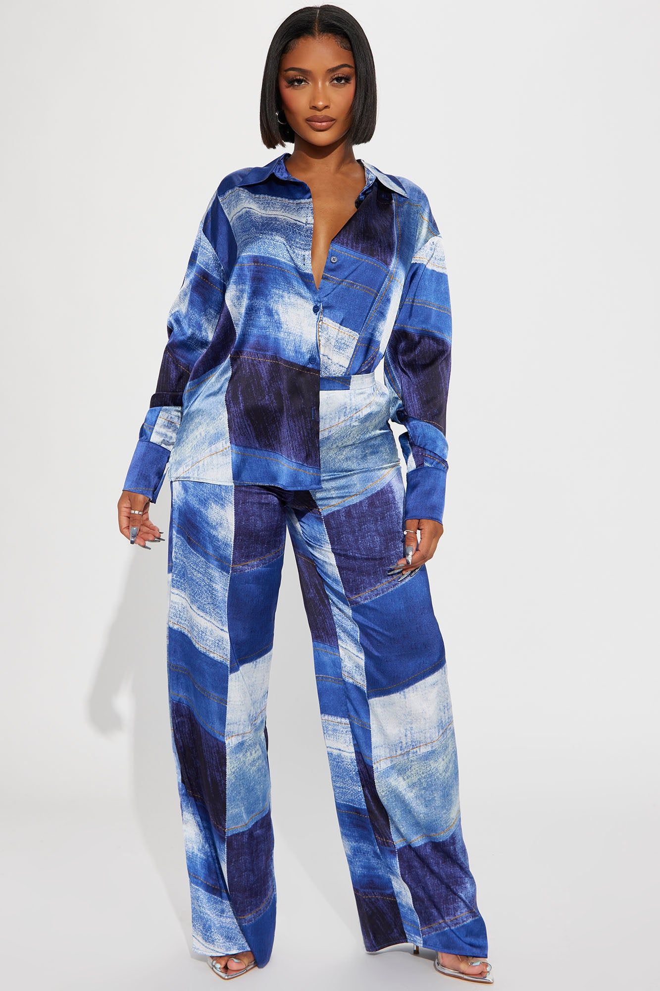 In A Denim Mood Satin Pant Set - Blue/combo sold by Fashion Nova