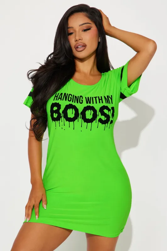 Hanging With My Boos Halloween PJ Sleep Shirt - Neon Green sold by Fashion Nova