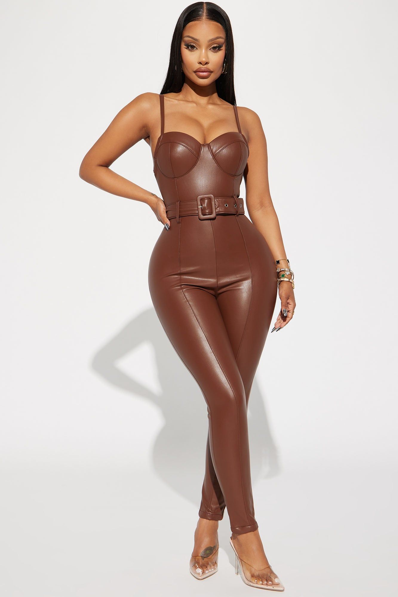 Your Girl Faux Leather Jumpsuit - Dark Brown sold by Fashion Nova