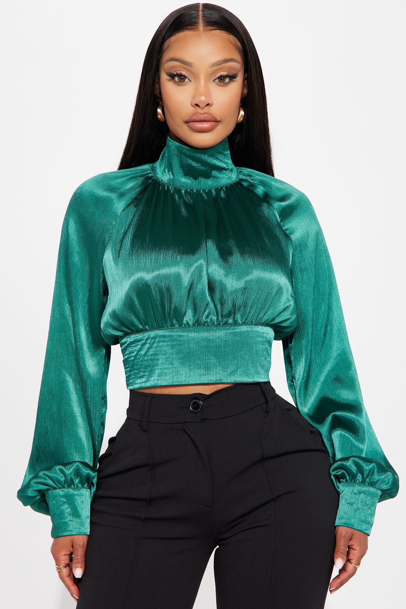 Tis The Season Satin Blouse Top - Hunter sold by Fashion Nova