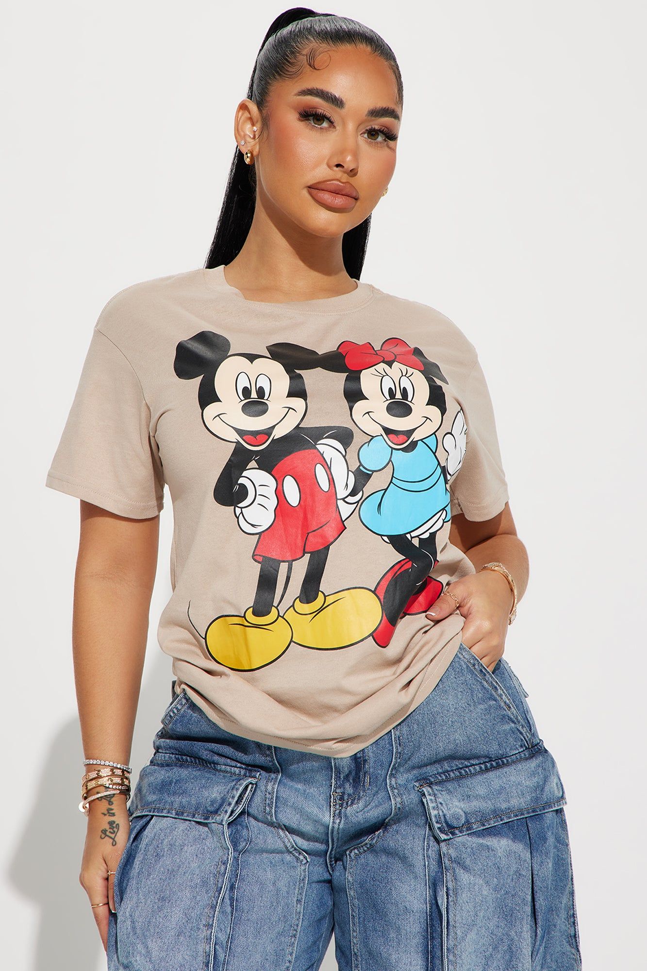 Mickey And Minnie Mouse Graphic Tee - Taupe sold by Fashion Nova
