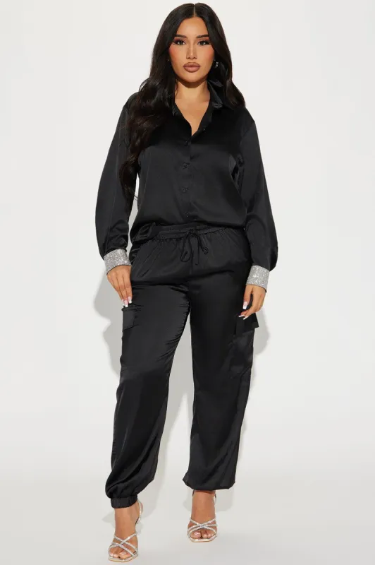 Make It Bling Satin Jogger Set - Black sold by Fashion Nova