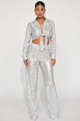 Social Season Plisse Pant Set - Silver sold by Fashion Nova