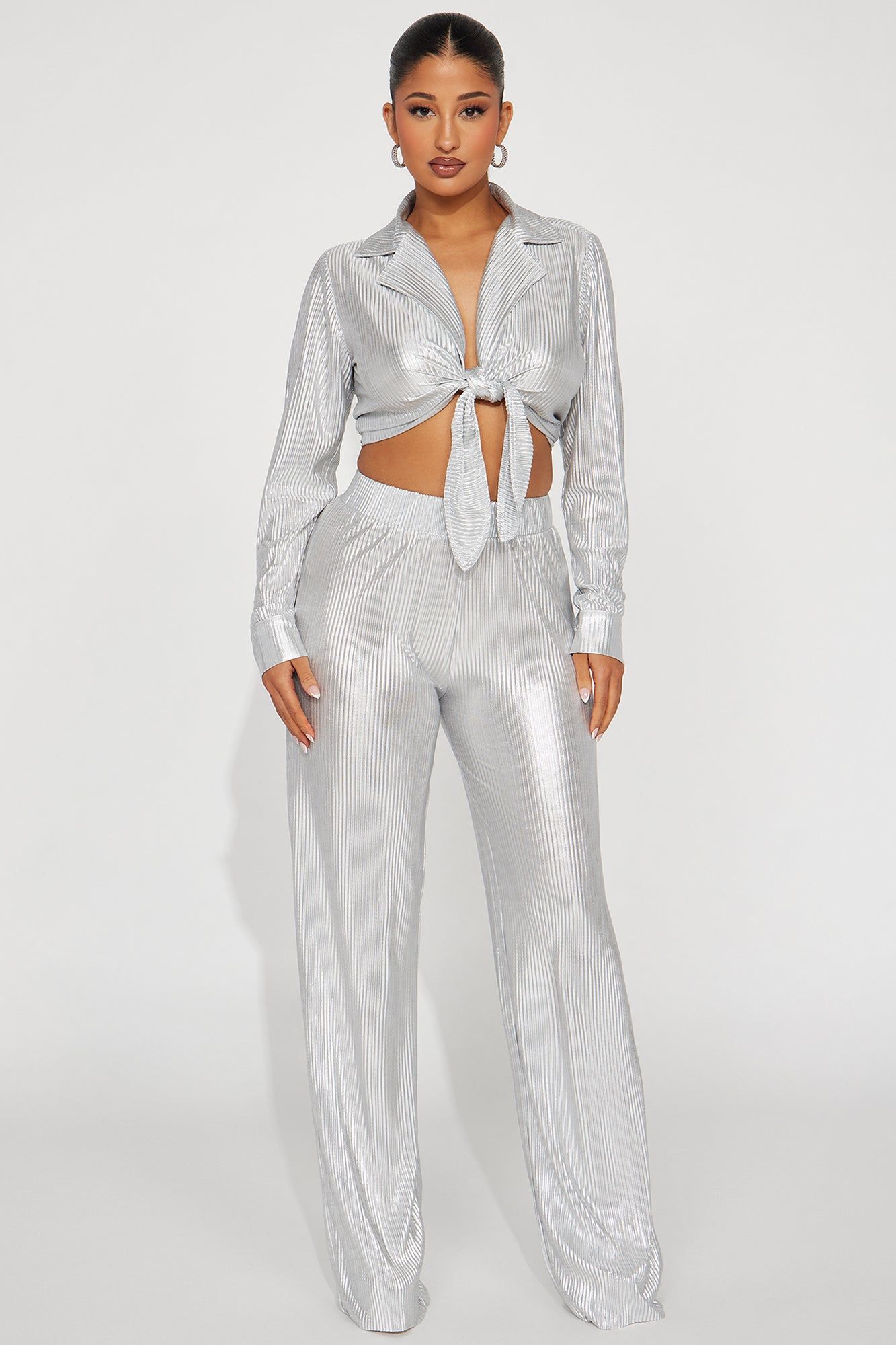 Social Season Plisse Pant Set - Silver sold by Fashion Nova