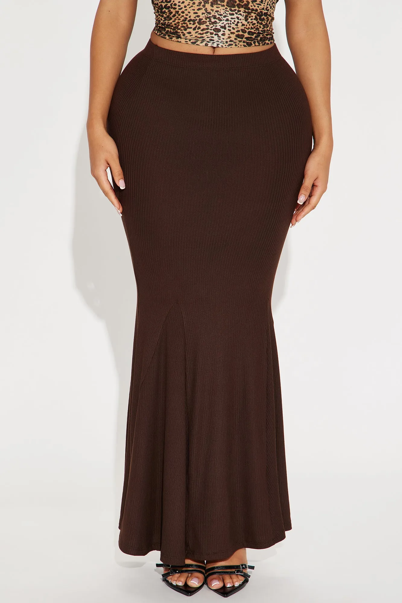 Darcy Flare Ribbed Maxi Skirt - Chocolate sold by Fashion Nova