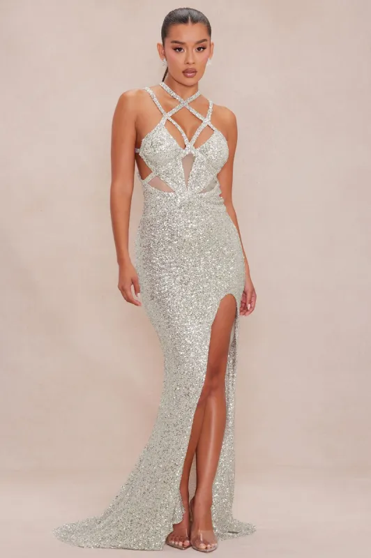 Natalia Sequin Gown - Silver sold by Fashion Nova