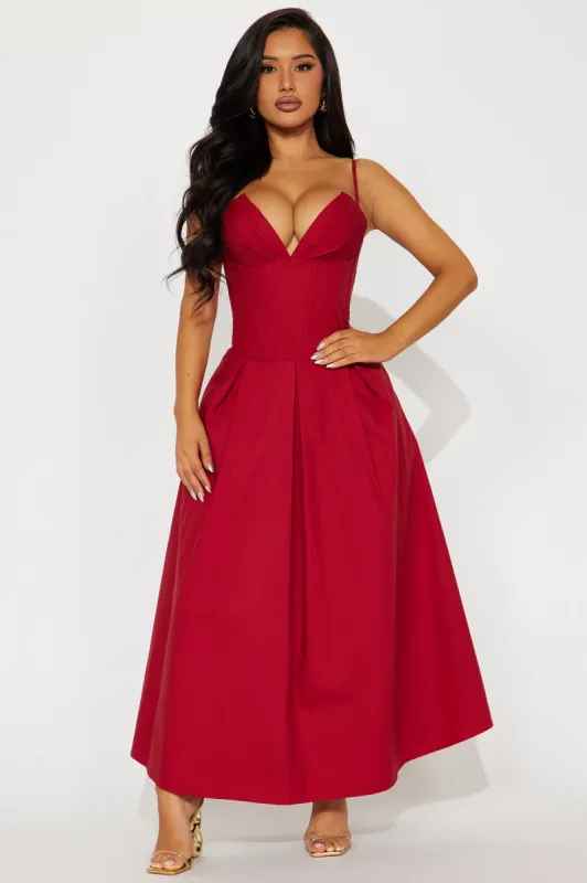 Estella Corset Poplin Midi Dress - Burgundy sold by Fashion Nova