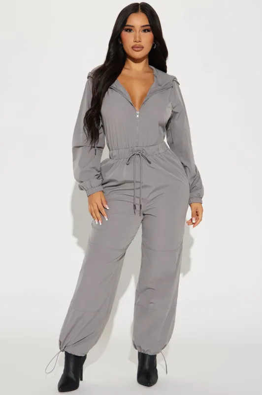 In My Sporty Era Windbreaker Jumpsuit - Grey sold by Fashion Nova