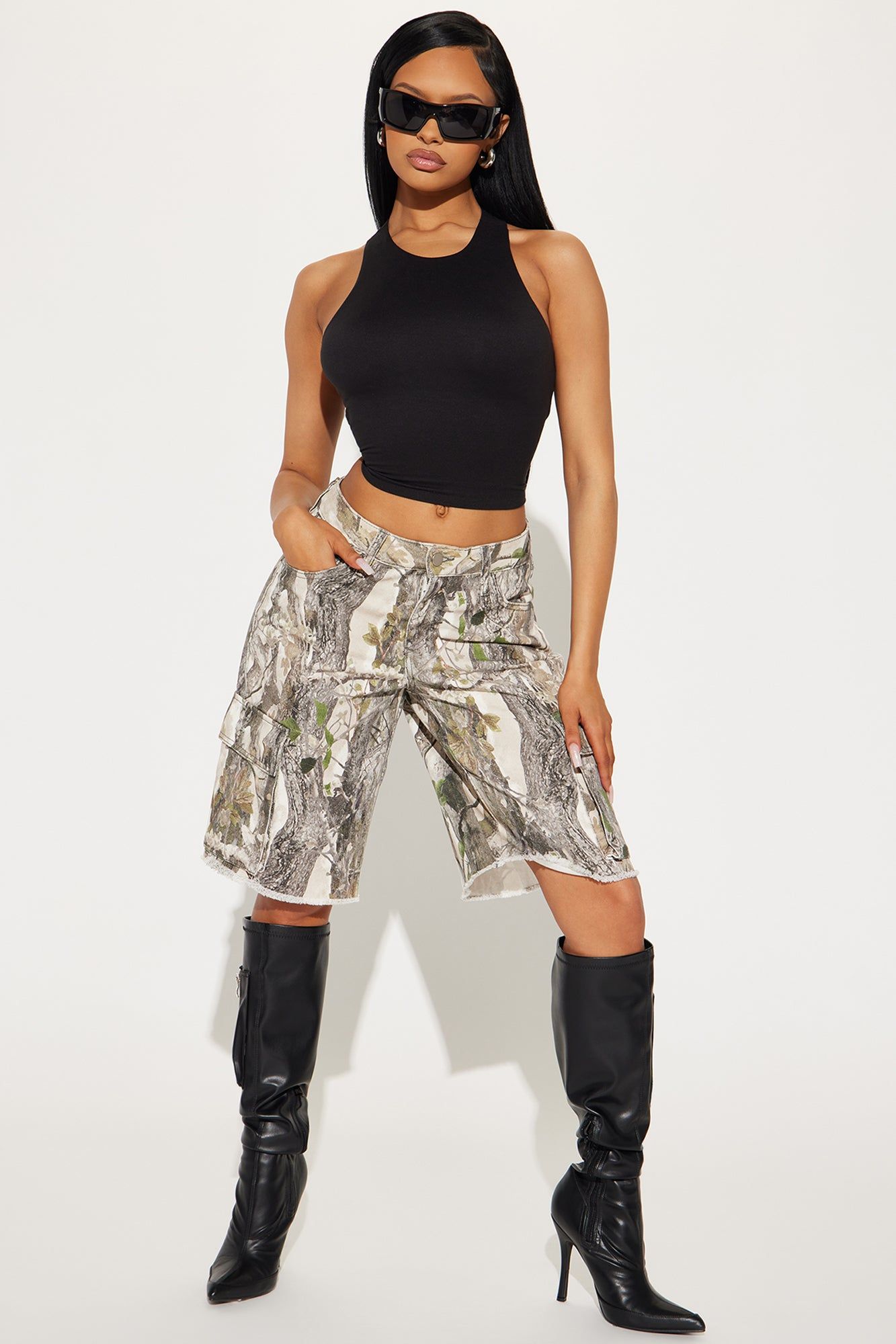 Sneak Attack Camo Denim Cargo Jorts - Camouflage sold by Fashion Nova
