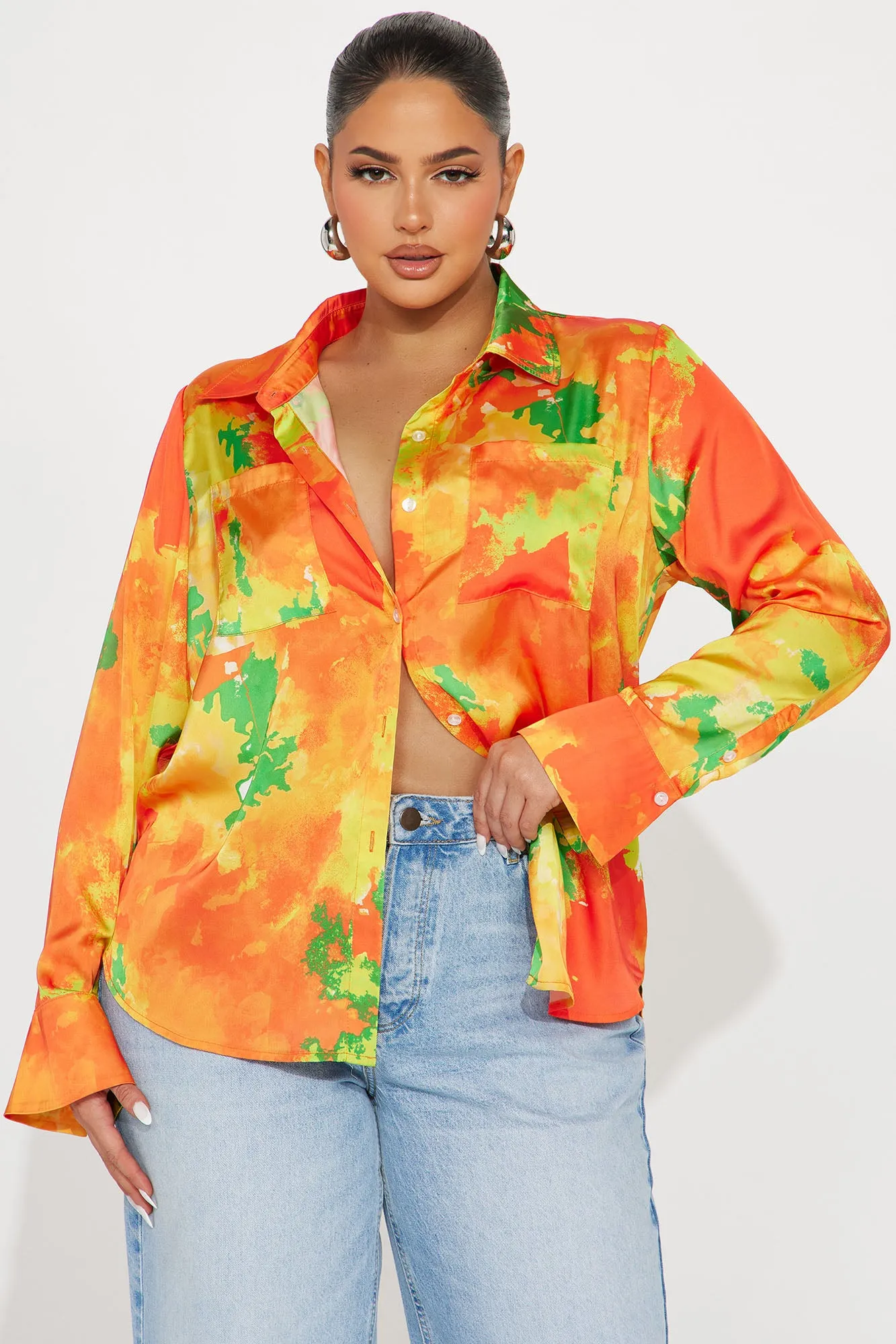 California Dreams Satin Shirt - Orange/combo sold by Fashion Nova product image thumbnail 4