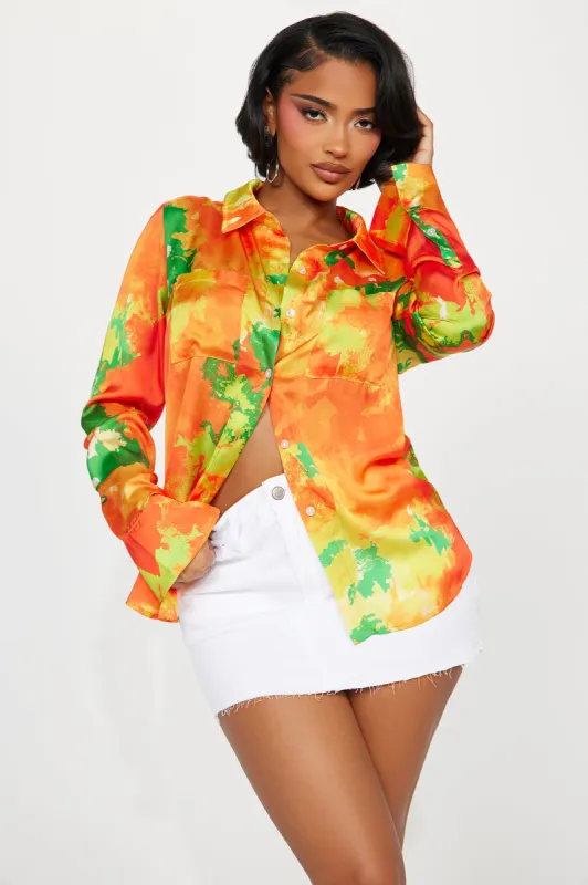 California Dreams Satin Shirt - Orange/combo sold by Fashion Nova