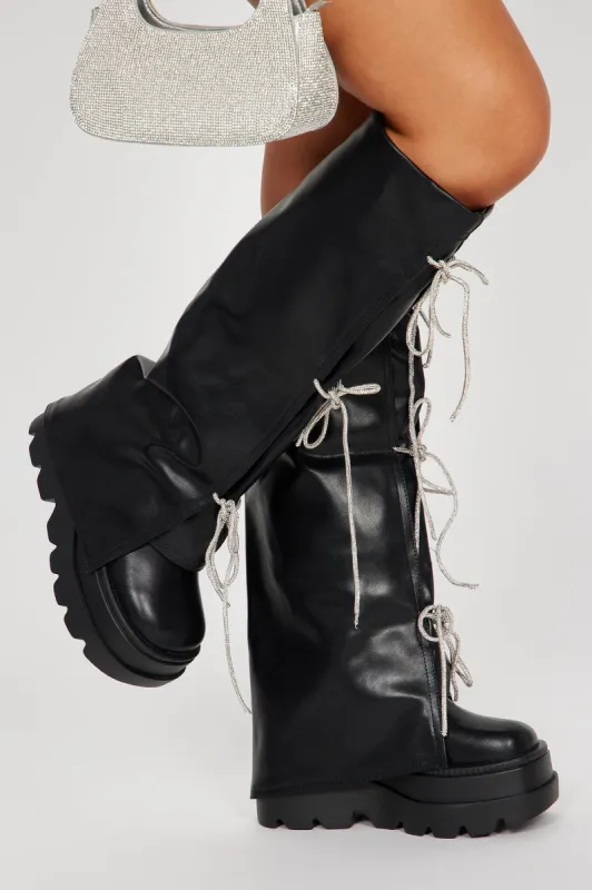 The Thrill Of It Platform Knee High Boots - Black sold by Fashion Nova