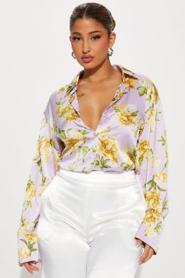 Spring Florals Satin Shirt - Lavender/combo sold by Fashion Nova
