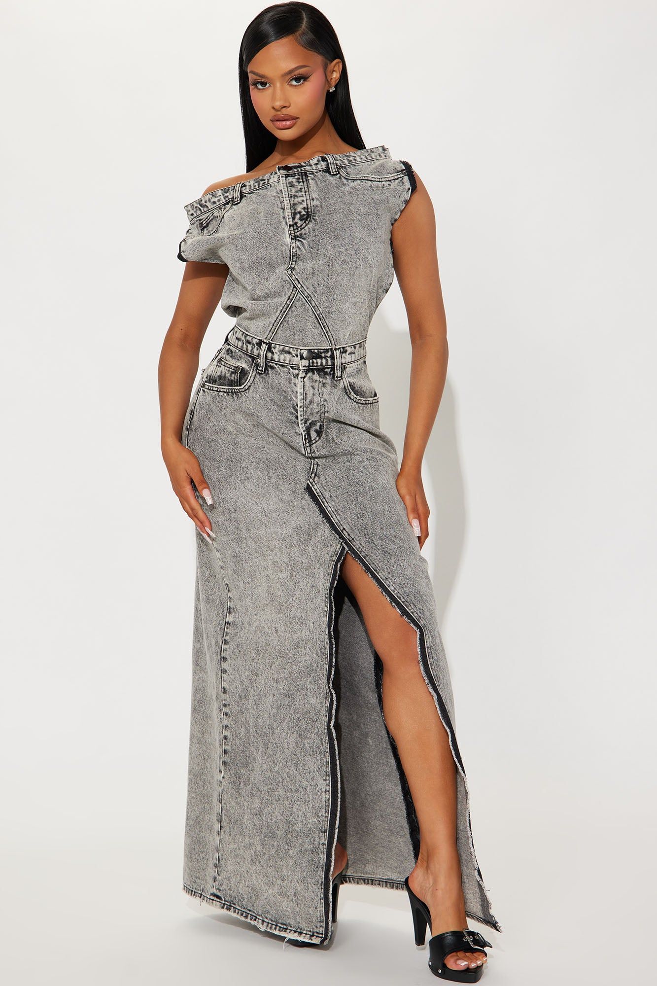 Demi Denim Maxi Dress - Black Wash sold by Fashion Nova