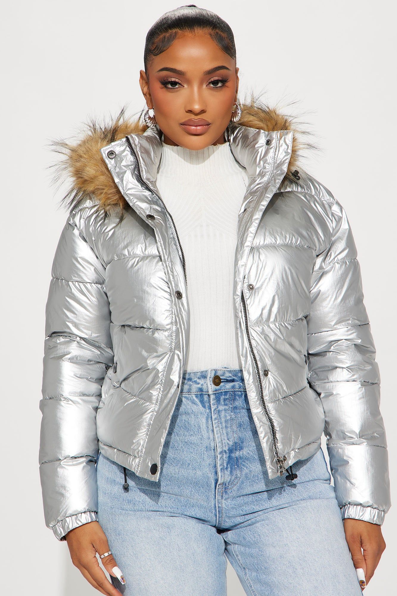 Take Notes Metallic Puffer Jacket - Silver sold by Fashion Nova