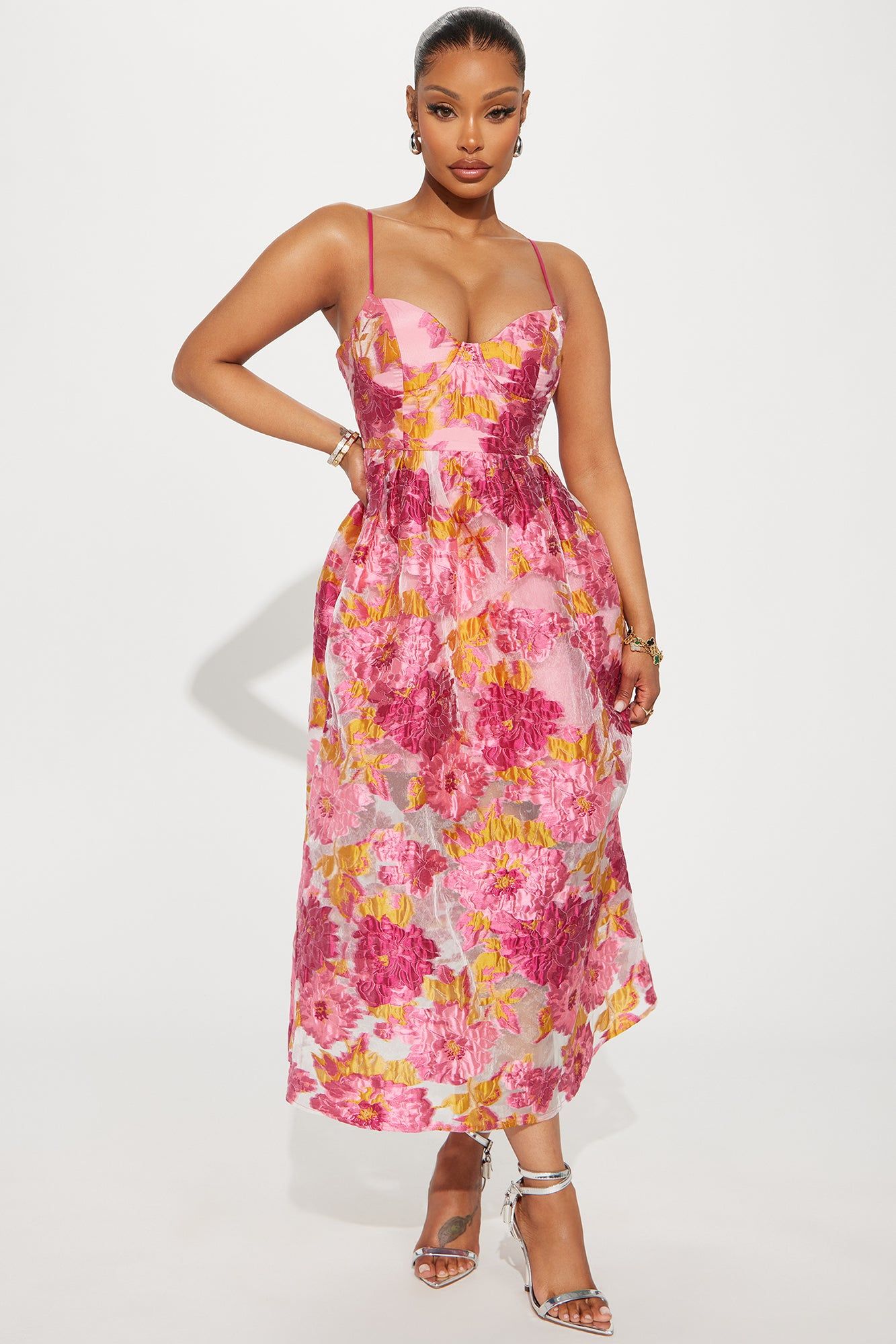 Flower Bed Floral Midi Dress - Fuchsia sold by Fashion Nova