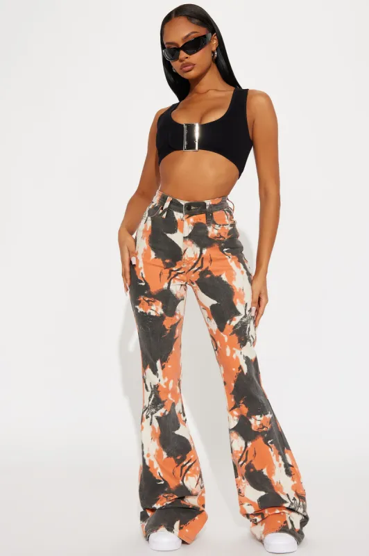 Tall Always Standing Out Stretch Print Flare Jeans - Orange sold by Fashion Nova