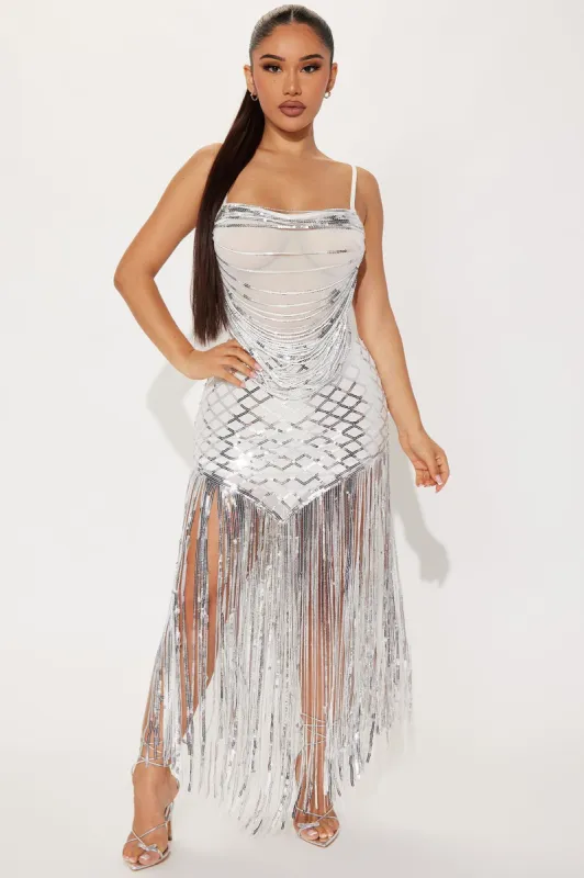 Cristina Sequin Maxi Dress - Silver sold by Fashion Nova
