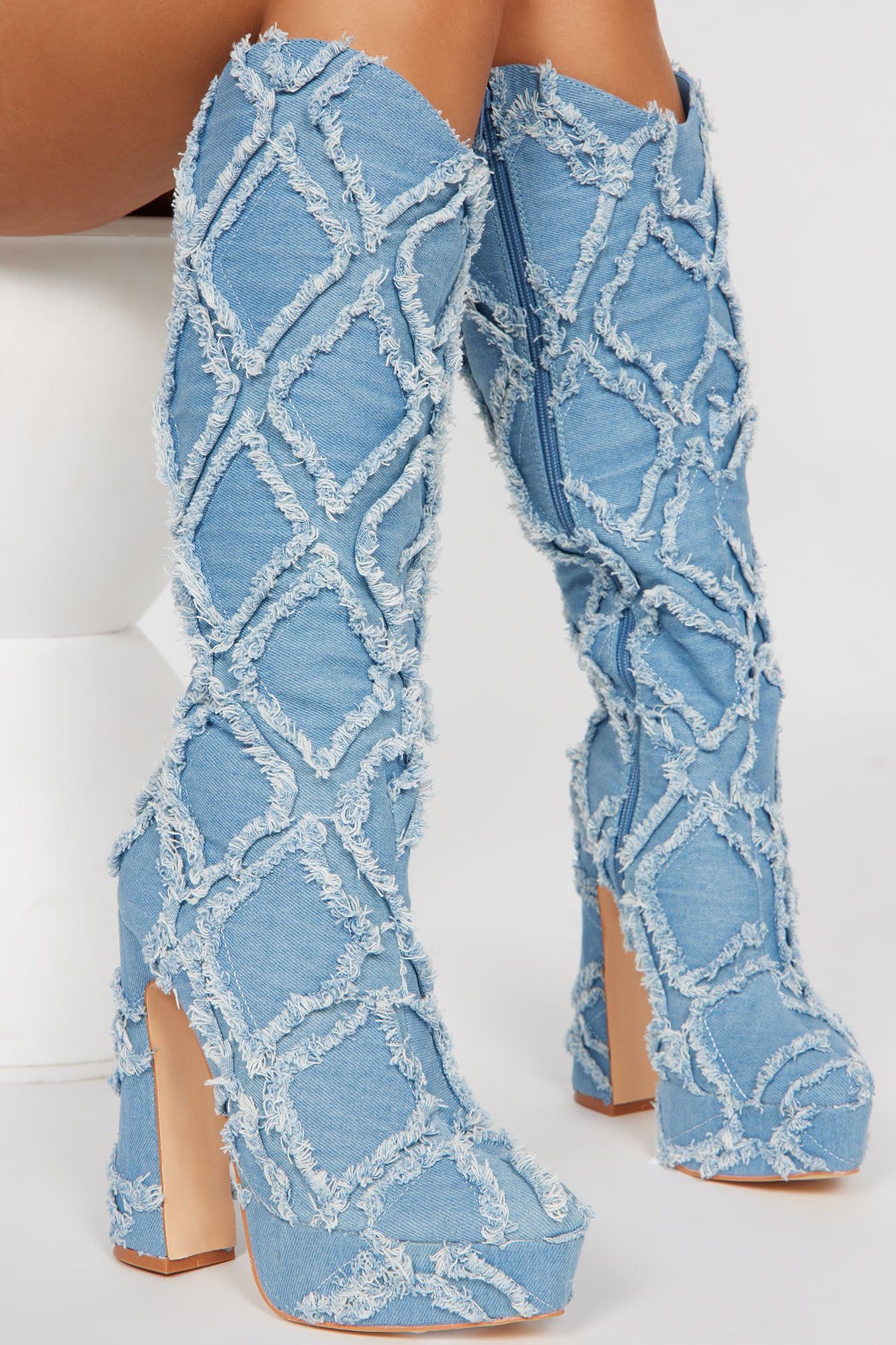 I'm All That Knee High Heeled Boots - Denim sold by Fashion Nova