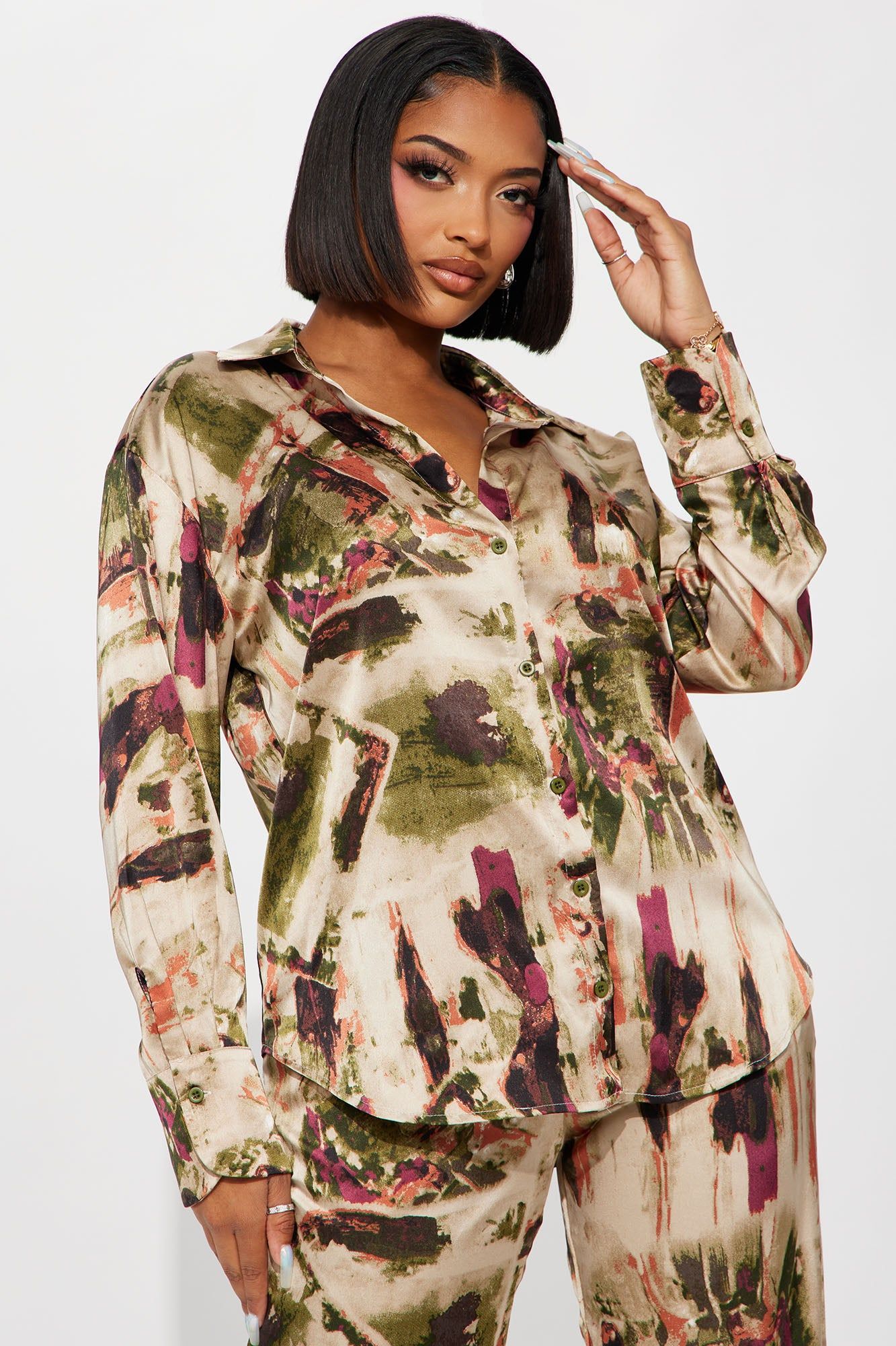 Stepping Out Satin Pant Set - Olive/combo sold by Fashion Nova product image thumbnail 2