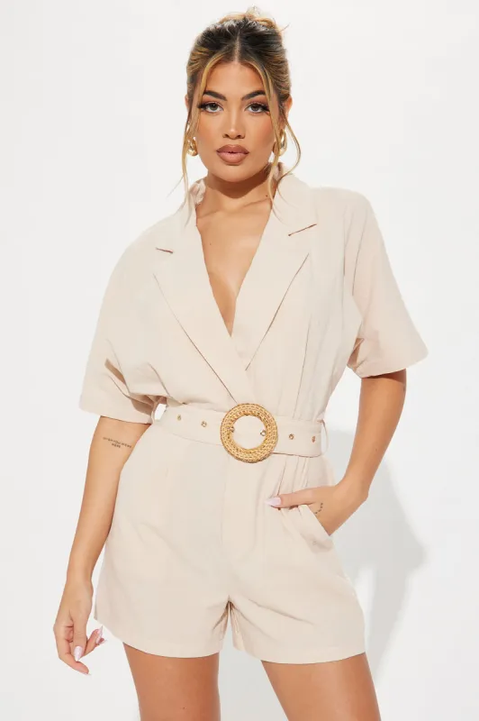 Everything Is Better Linen Romper - Taupe sold by Fashion Nova