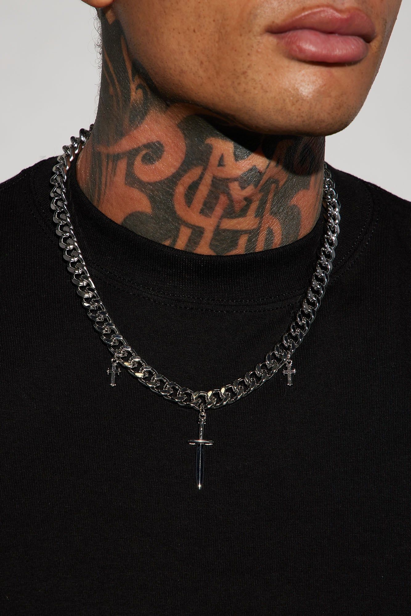 Sword And Cross Cuban Chain Necklace - Silver sold by Fashion Nova