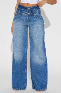 Mutual Crush Double Waistband Wide Leg Jeans - Medium Wash sold by Fashion Nova