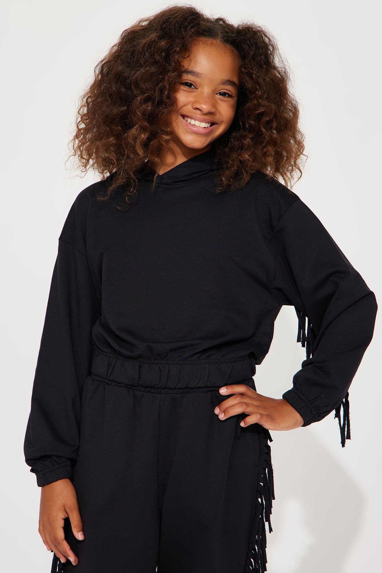 Mini Addison Fringe French Terry Lounge Hoodie - Black sold by Fashion Nova