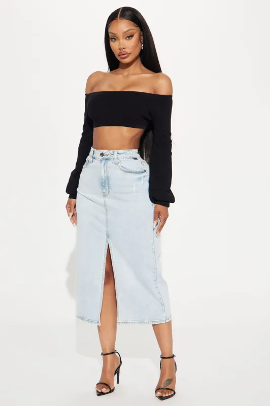 Open To It Denim Midi Skirt - Light Wash sold by Fashion Nova