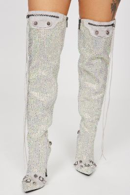 Starry Nights Knee High Heeled Boots - Silver sold by Fashion Nova