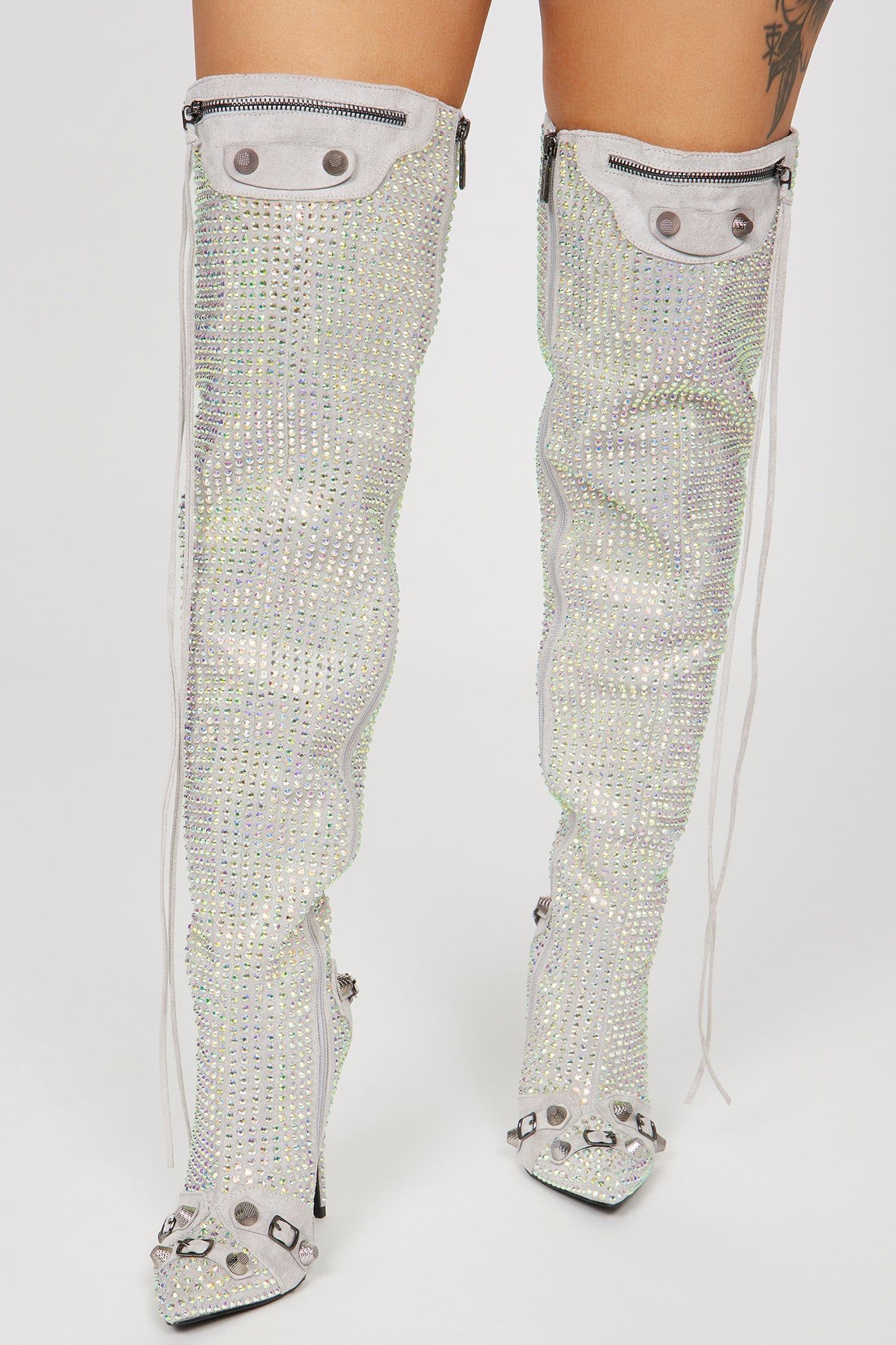 Starry Nights Knee High Heeled Boots - Silver sold by Fashion Nova