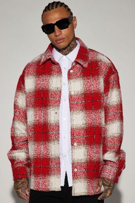 Northstar Textured Shacket - Red/combo sold by Fashion Nova