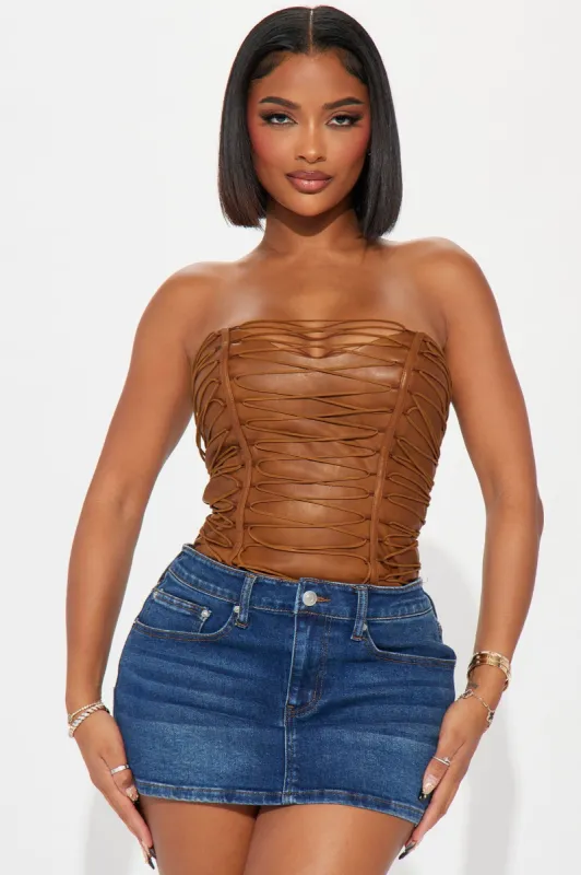 Never Complicated Faux Leather Corset Top - Brown sold by Fashion Nova