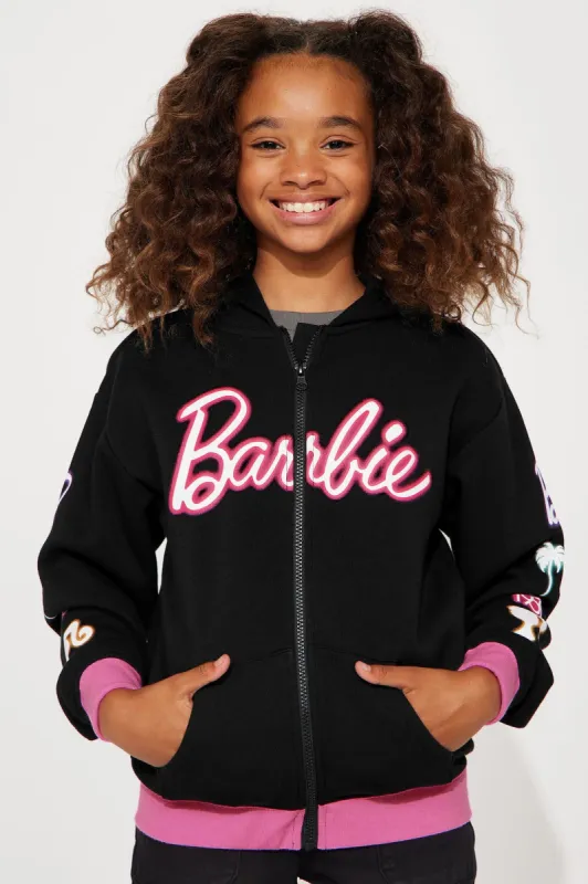 Mini Barbie Glow Zip Front Fleece Hoodie - Black sold by Fashion Nova