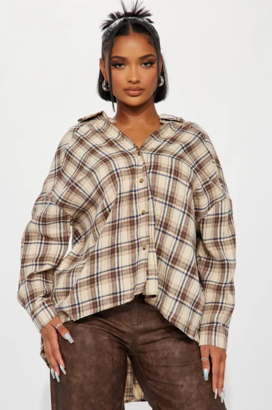 Bonfire Moments Oversized Plaid Shirt - Beige sold by Fashion Nova