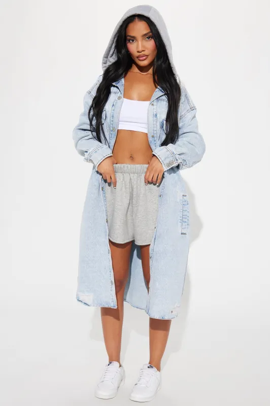 Keep Calling Washed Denim Shacket - Light Wash sold by Fashion Nova