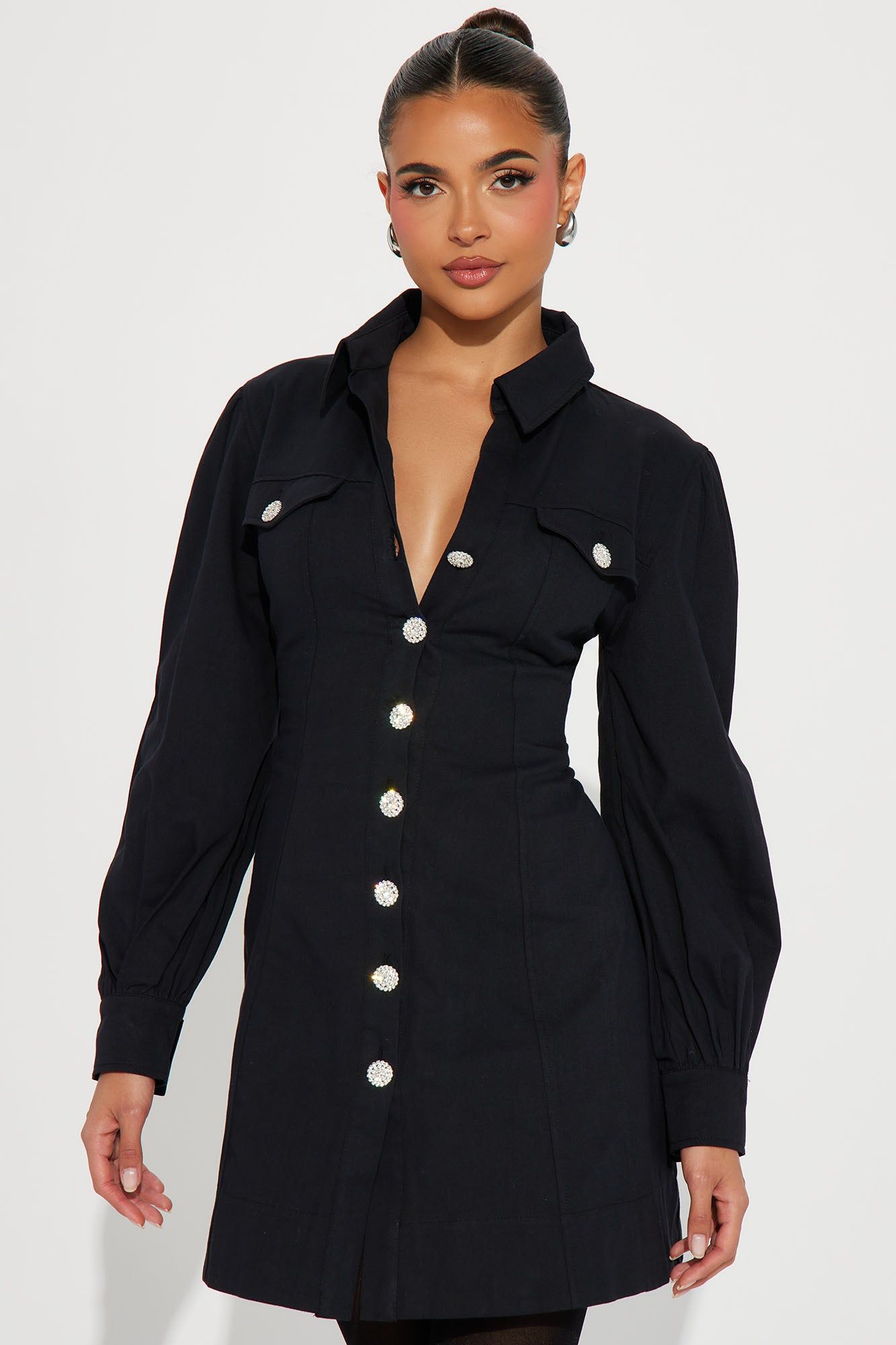 Clocked In Twill Mini Dress - Black sold by Fashion Nova