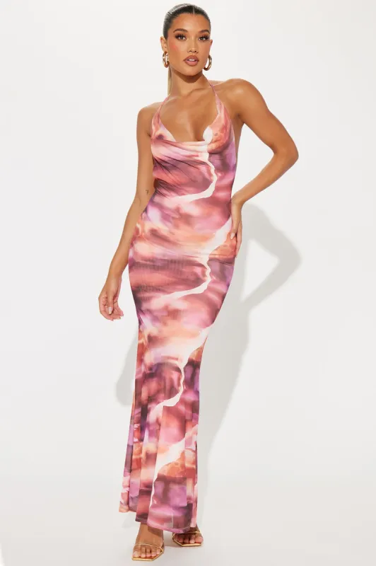 Bali Sunsets Mesh Maxi Dress - Pink/combo sold by Fashion Nova