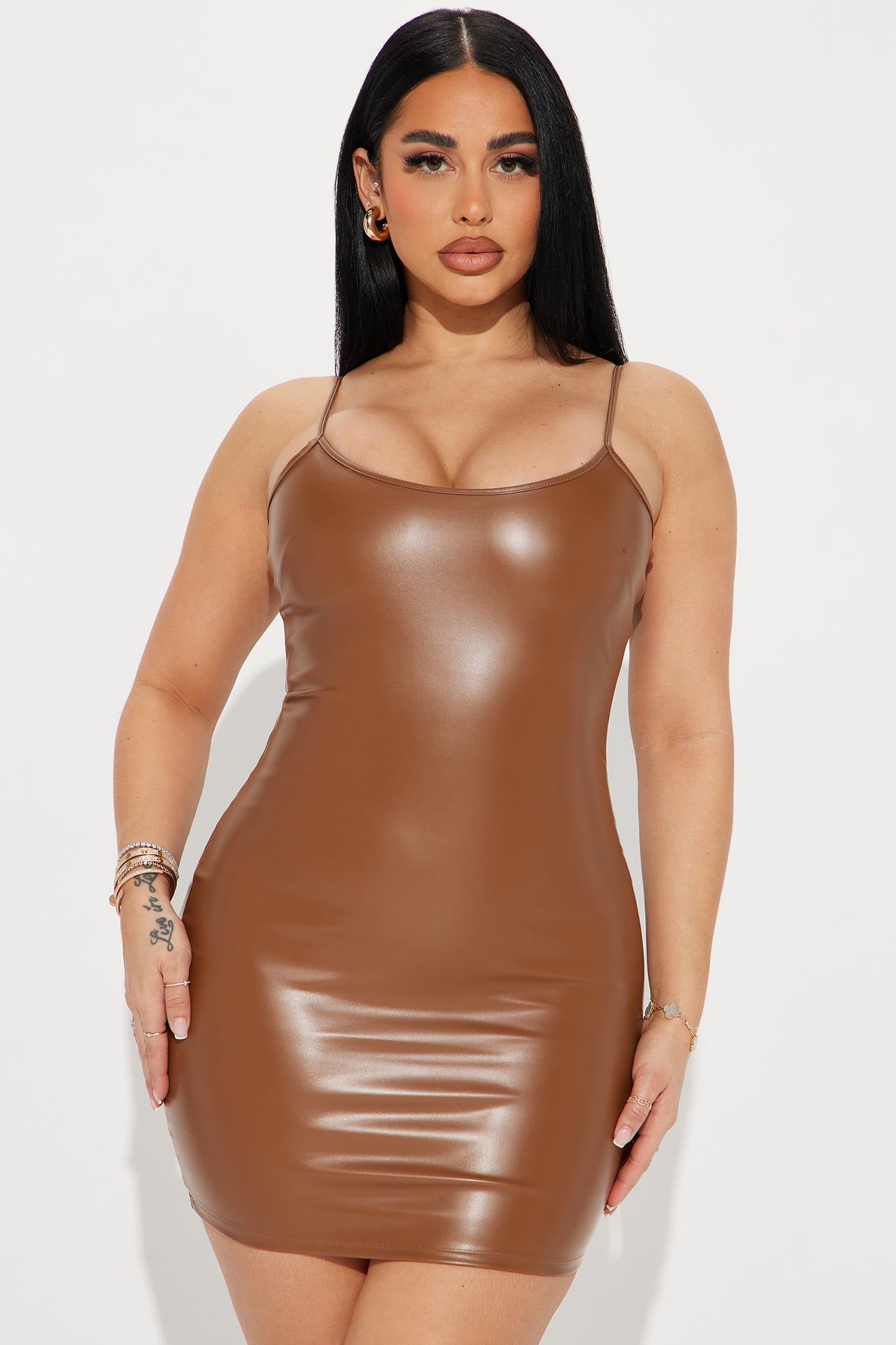 Too Hot Faux Leather Mini Dress - Brown sold by Fashion Nova